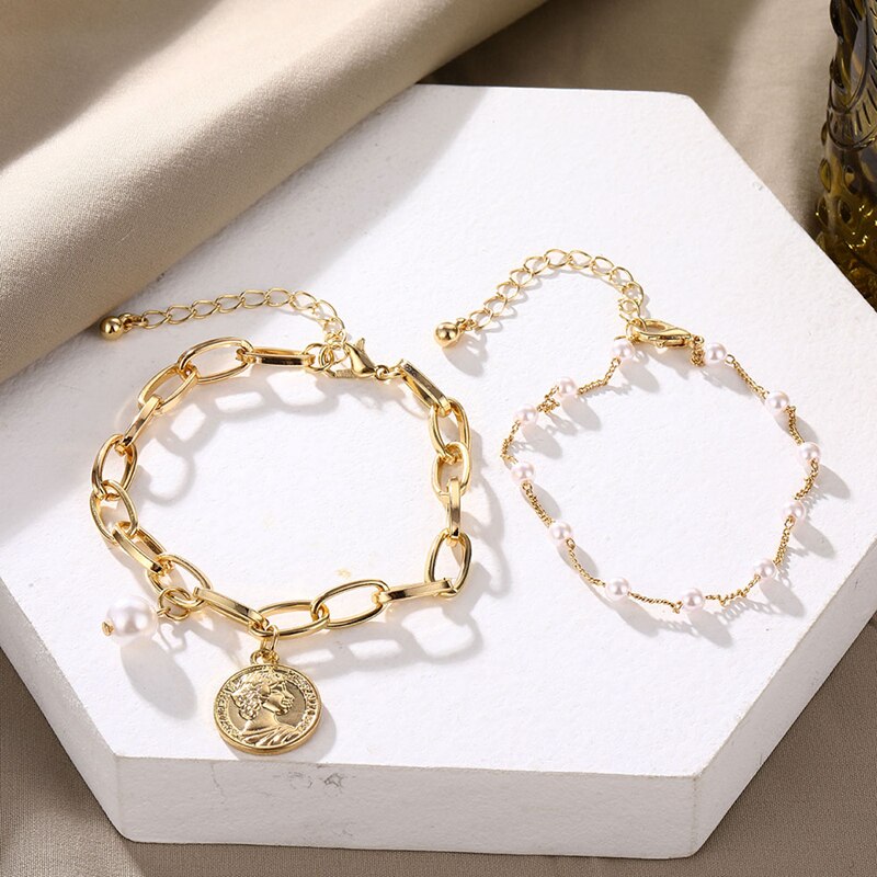 DAXI Boho Braccialetti D'oro per Le Donne Della Perla di Modo punk Della Catena Del Braccialetto Delle Donne Accessori Dei Monili per Le Donne del Regalo Del Braccialetto Pendenti E Ciondoli: IFS001105-3