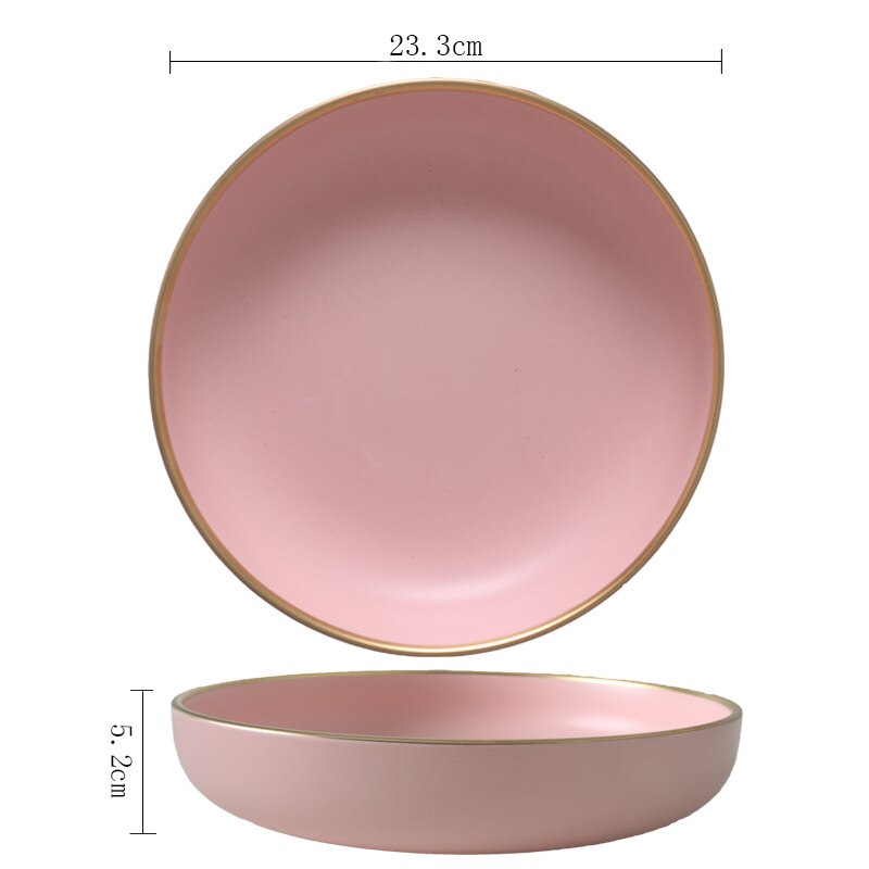 Massiv lyserød keramisk plade gylden kant maleri porcelæn skål plade ske servise sæt vestlig bøf bakke snack retter plade: 9 tommer dyb plade