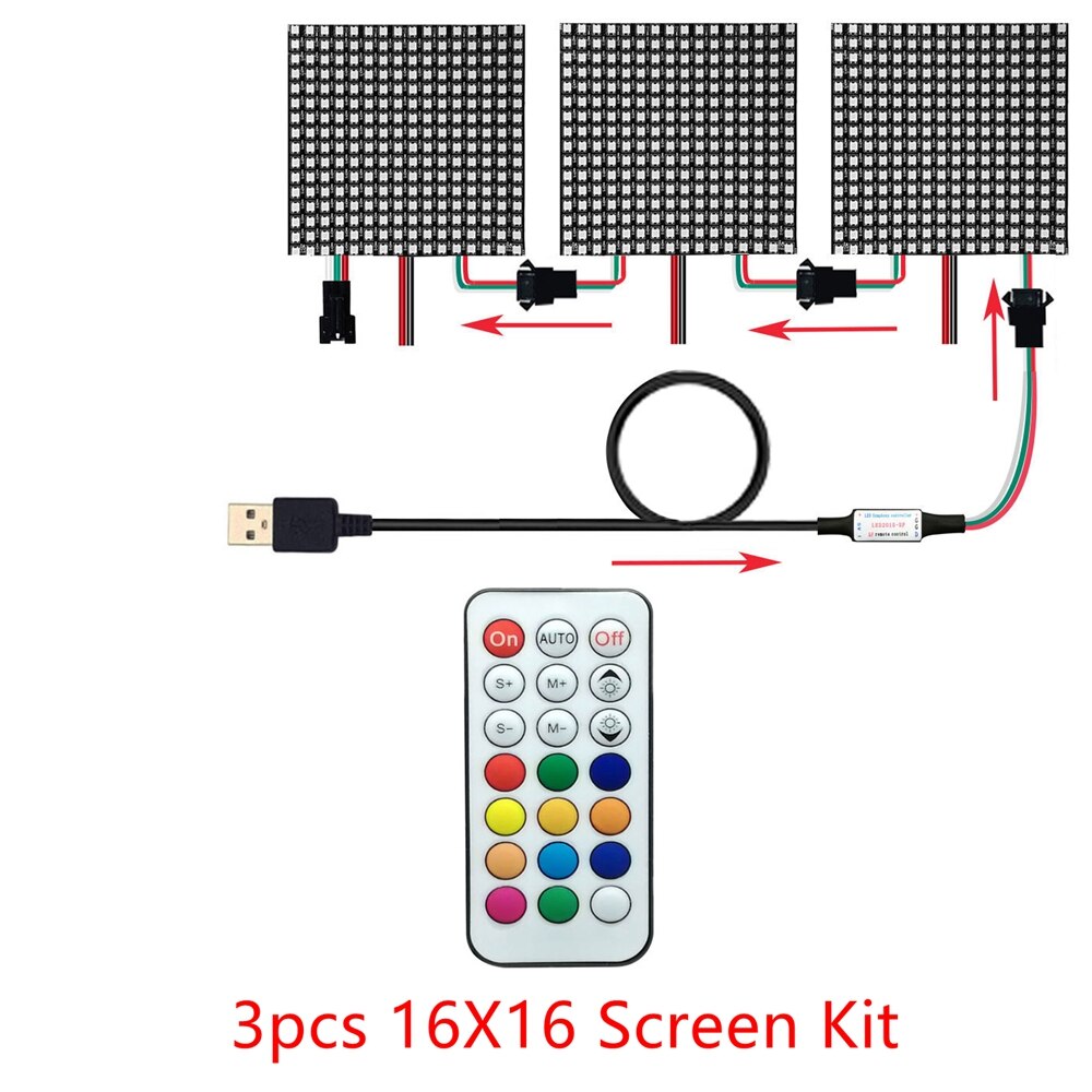 WS2812b 8x32 16x16 8x8 WS2812 Led Pixel Module 21 Keys USB Small Screen Kit Individually Addressable Lamp Beads: 3pcs 16X16 Kit