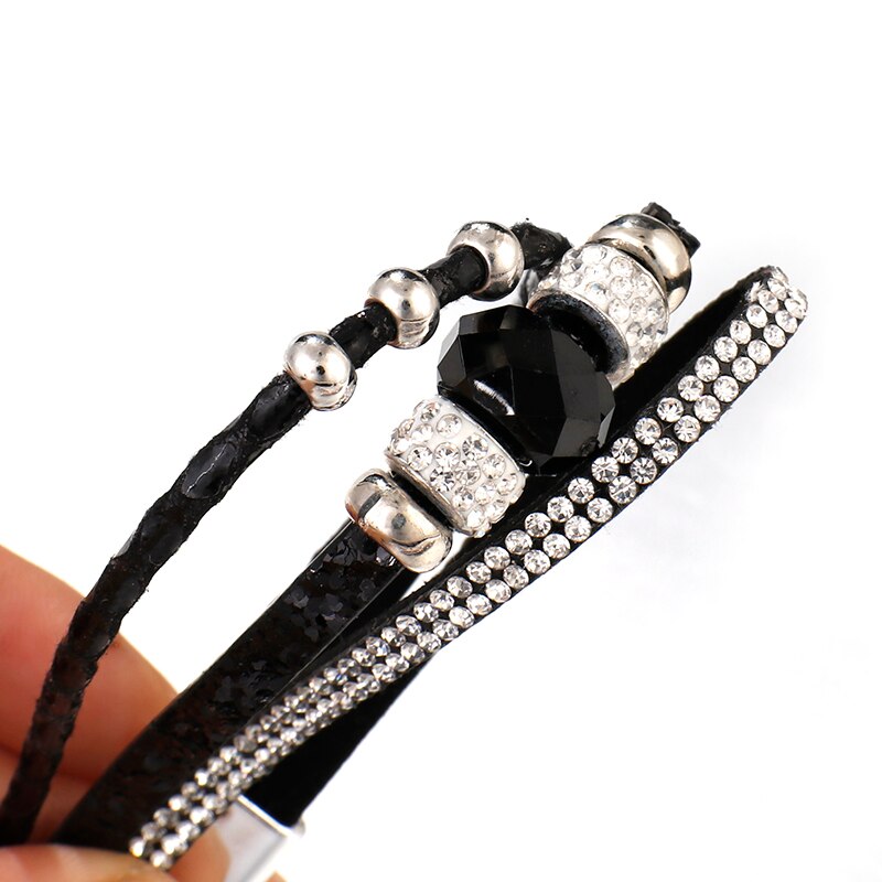 Amorcome Shiny Crystal Charm Leather Bracelets for Women Boho Rhinestone Beads Multilayer Wrap Bracelet Female Jewelry