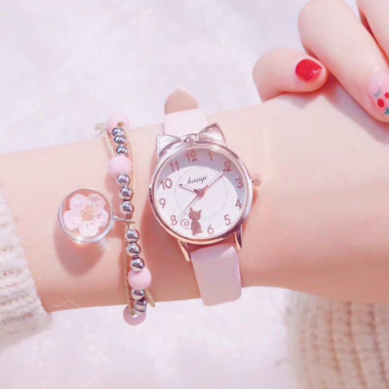 Kinderen Meisje Quartz Horloge Student Horloge Kat Oren Gezicht Voor Kinderen Waterdichte Ulzzang Cartoon Met Doos Klok: Pink