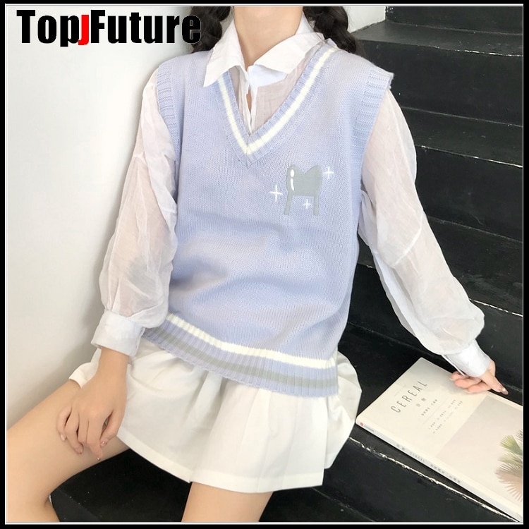 Blauw Japanse Meisje Gebreide Vest Leuke Veelzijdige Trui Schooluniform Vesten Jk Uniform Borduurwerk Trui