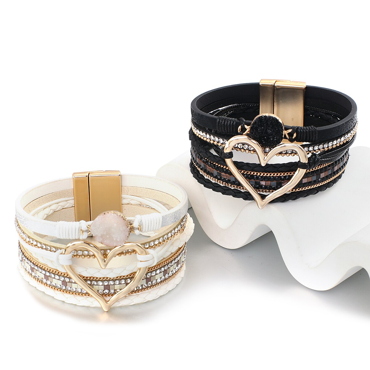 ALLYES braccialetti in pelle con ciondolo a forma di cuore in metallo per donna moda bohemien con strass in resina bracciale avvolgente bracciale coppia gioielli