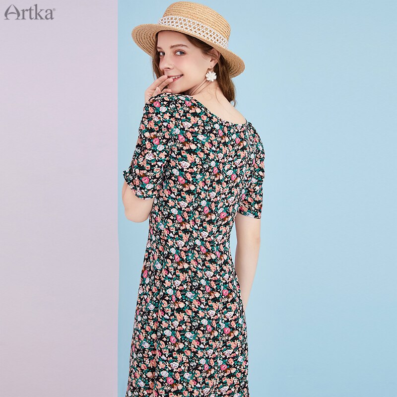 Artka sommar kvinnor klänning franska vintage fyrkant krage klänningar blommigt tryck puff ärm chiffong klänning kvinnor  la25806x