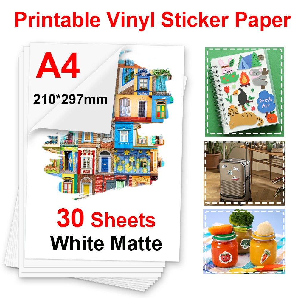 50 blätter A4 transparent Druckbare Vinyl Aufkleber Papier Wasserdicht Weiß Holographische Vinyl Etikett Aufkleber für Alle Inkjet Drucker: 30-Weiß matt