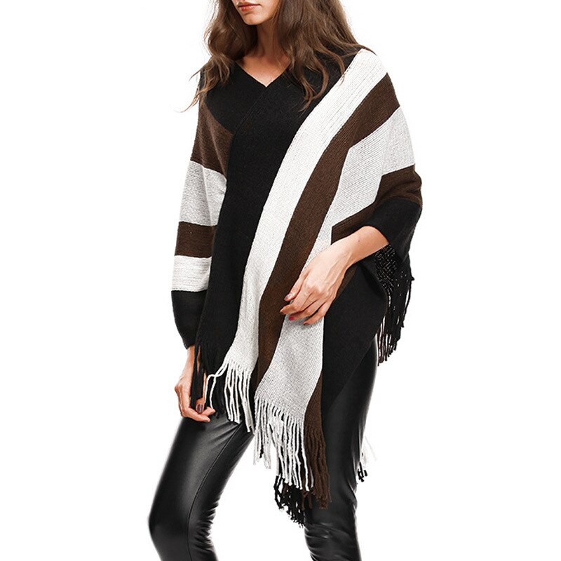 Vrouwen Truien en Pullovers Gestreepte Gebreide Trui Herfst Winter Mode Mantel Batwing Mouw Kwastje Dames Truien: Black / M