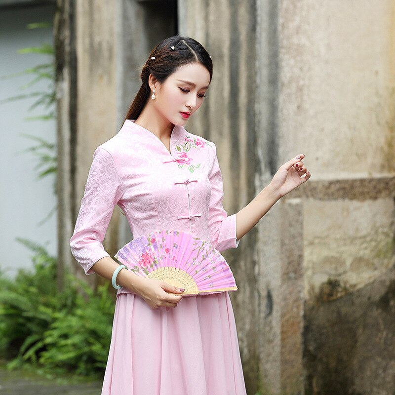 Traditionele Chinese Kleding Voor Vrouwen China Shirt Chinese Stijl Tops Jas Jacquard Katoen Afdrukken Verticale Cheongsam Tops