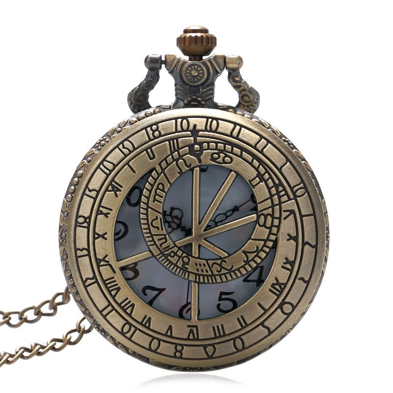 Bronze Vintage Hollow Pocket Watch The Prague Astronomical Clock Style Men Women Neckalce Pendant Souvenir Christmas