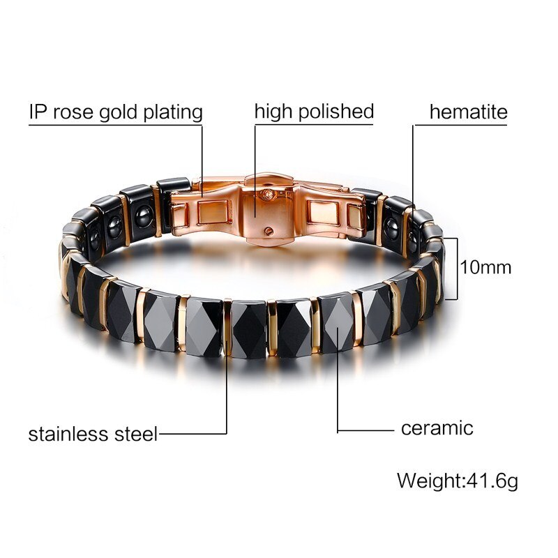 Men Stainless Steel 2-Tone Ceramic Therapy Bracelet for Male Female Unisex Trendy Jewelry Black Rose Gold-color 19cm