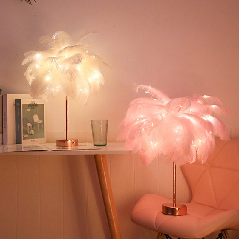 Bricolage plume lampe de Table blanc lumière arbre plume abat-jour fille LED mariage lumières décoratives rose