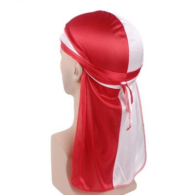 Neue Männer Patchwork Durags Doppel Farben Weiche Satin- Durag Bandanas Turban Bunte Headwear Stirnband Hütte Haar Zubehör: rot  Weiß