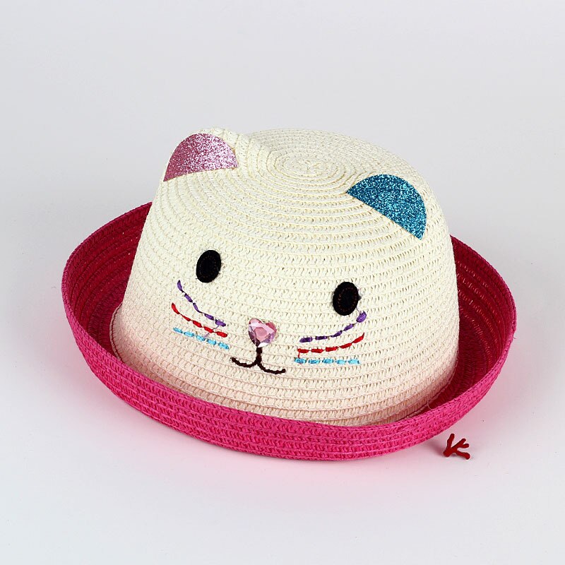 Chapeau de paille mignon avec des oreilles d'été en plein air enfants disquette Panama chapeau enfants filles garçons nuances plage chapeau de soleil: cartoon rose red
