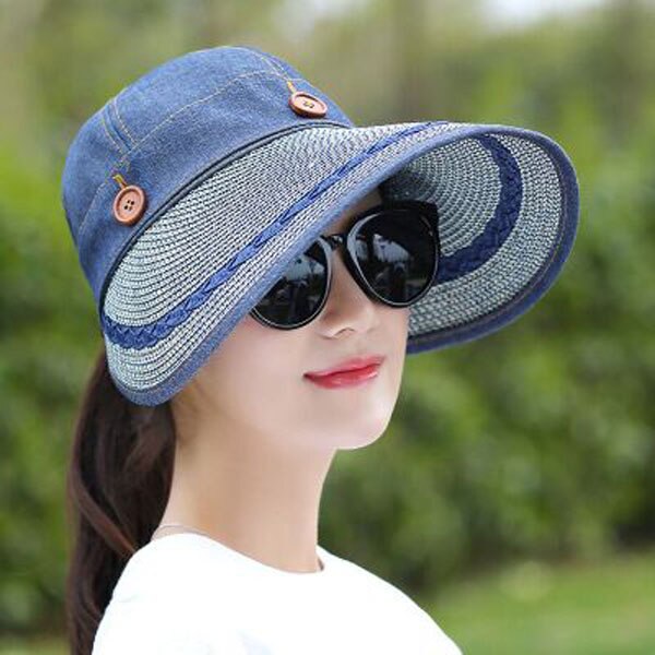Ymsaid hatte kvinder bred stor skygge floppy sommer strand sol hat stråhat knap kasket sommer hatte kvindelig anti-uv visir cap: Blå
