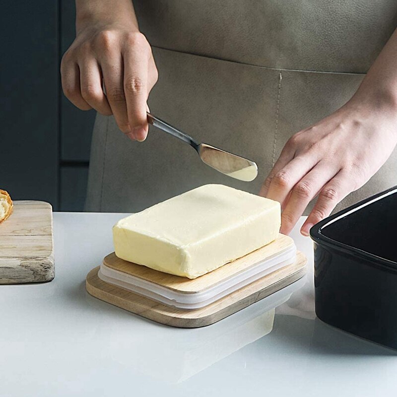 Porcelain Butter Dish with Lid, Airtight Large Butter Keeper with Wooden Lid, Butter Container