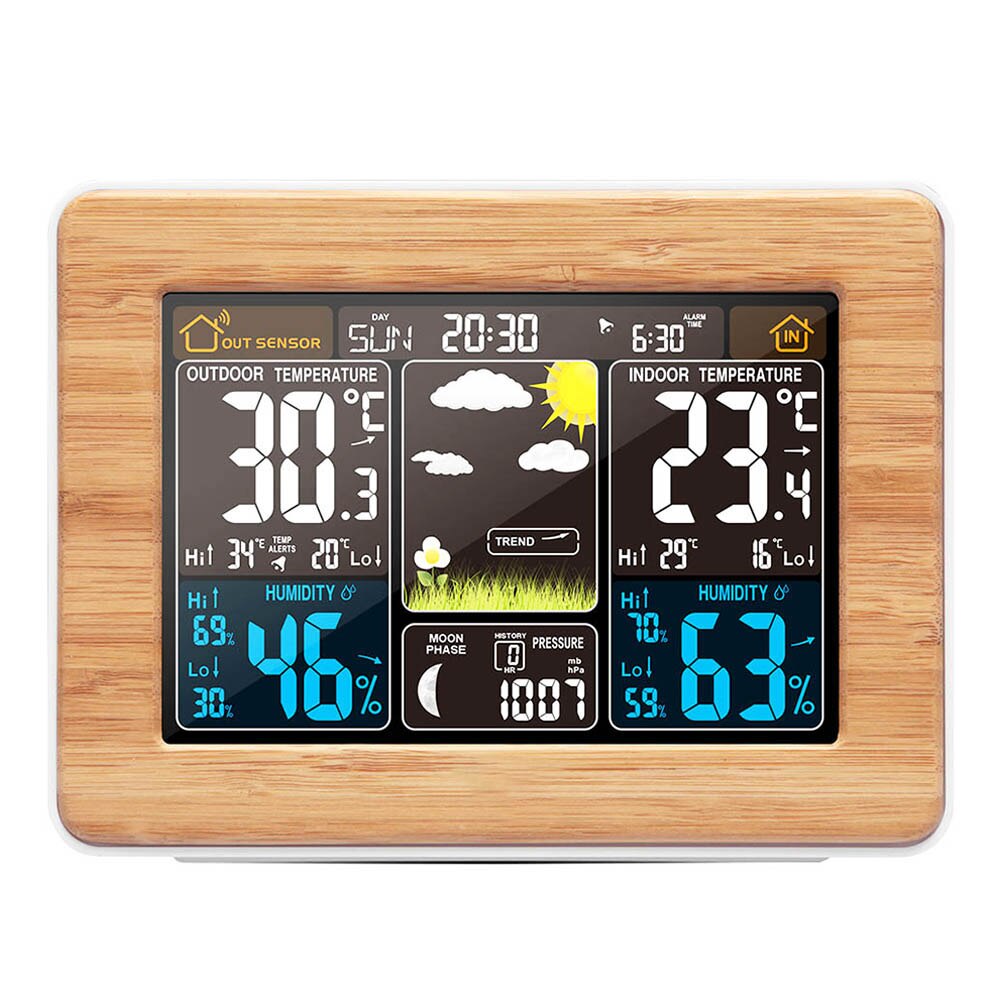 Weather Station Multi-Function Digital Clock Temperature Humidity Sensor Alarm ClockMoon Phase Desk Table LCD Alarm Clock: Bamboo