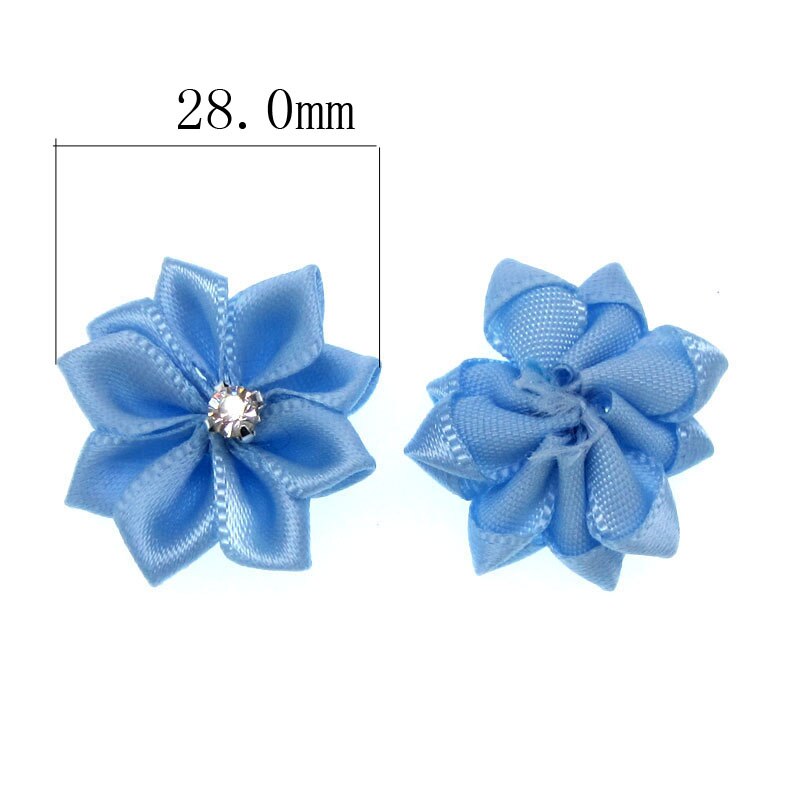 40Pcs Blue Small Satin Flowers Fabric Rhinestone Flowers Appliques Sewing Decoration Wedding Garment 2.8cm