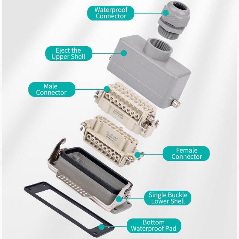 HE-024 Industrial Rectangular Heavy Duty Connector 24 Cores 16A 500V Waterproof Aviation Plug