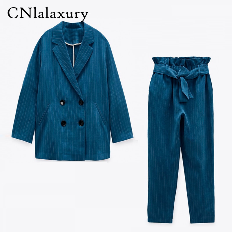 Striped Work Female Pant Suits 2 Piece Set for Women Blazer Jacket & Trouser Office Lady Casual Suit Spring Autumn