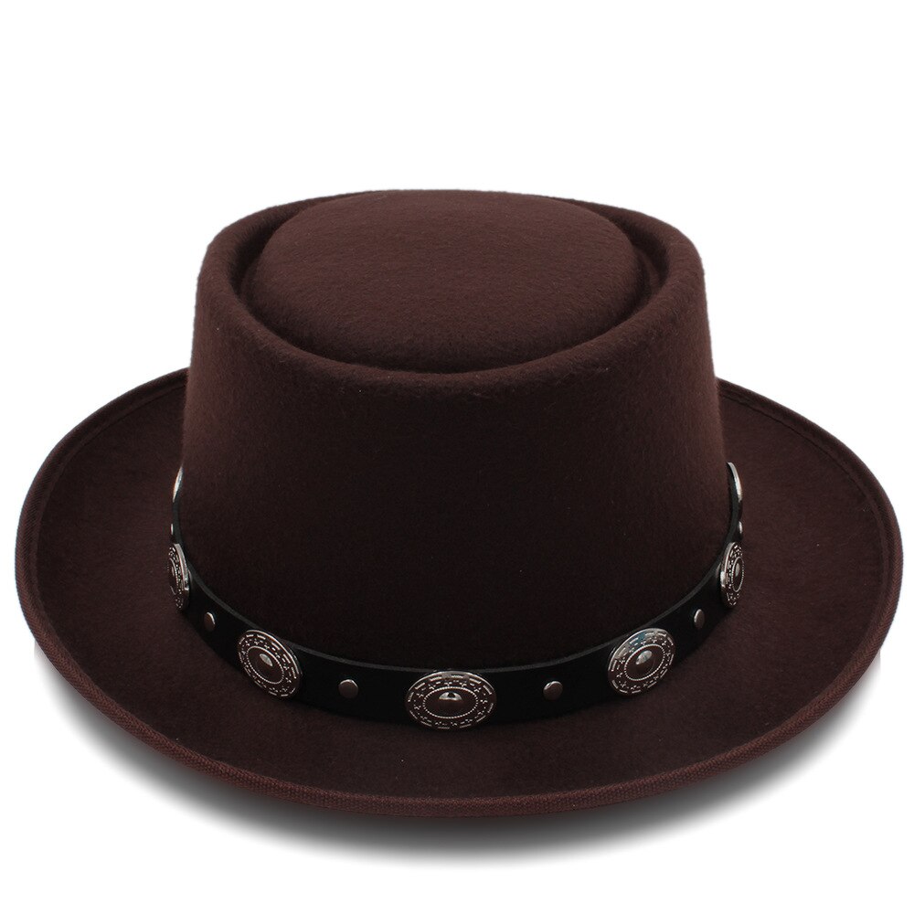 Vrouwen Pork Pie Hoed Vader Wol Platte Fedora Hoed voor Dame Koningin Gambler Schipper Trilby Hoed Hoed Maat 58 cm: Coffee