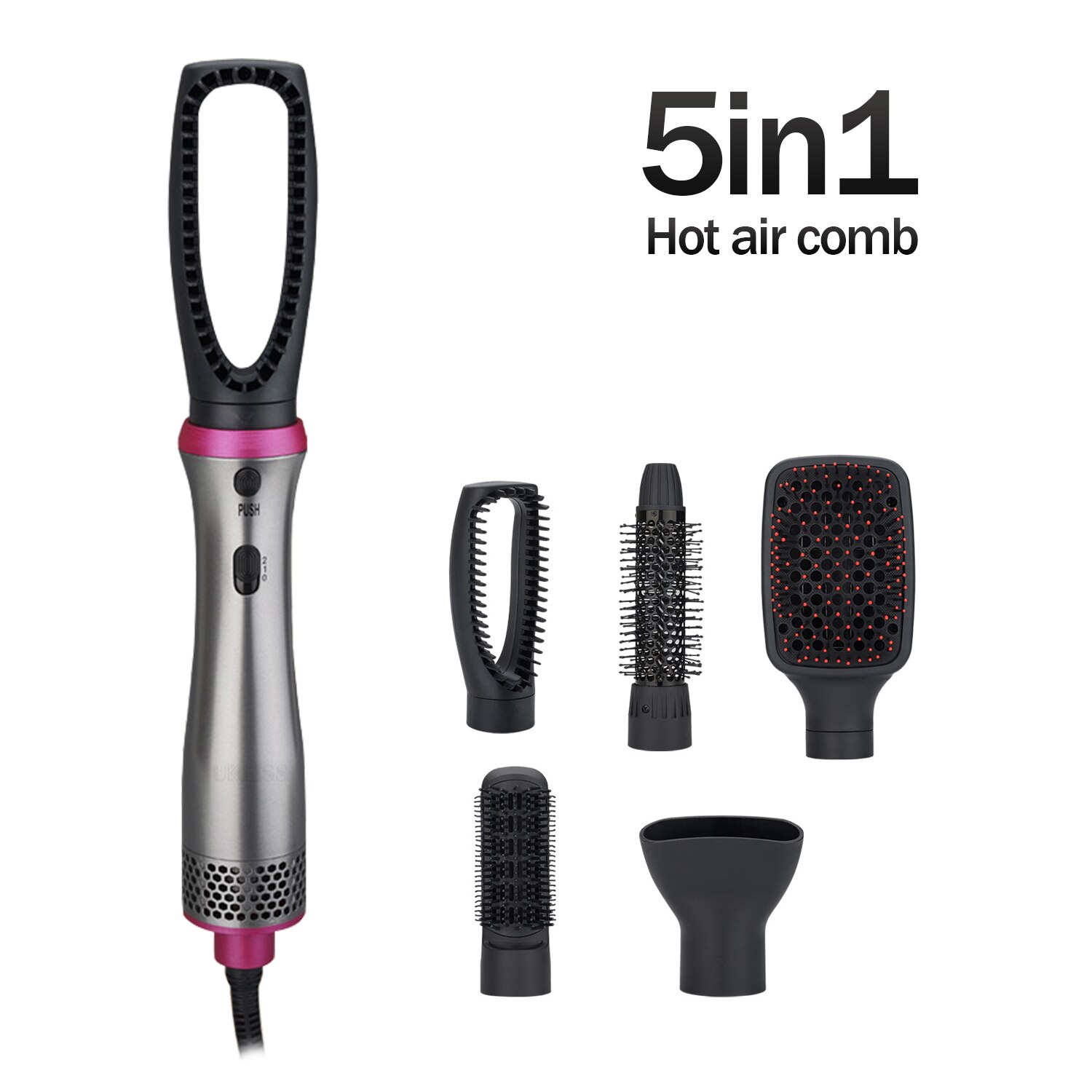 5 In 1 Air Brush Hair Dryer & Volumizer Styler Negative Ionic Electric Hair Dryer & Curler With Detachable Brush Heads