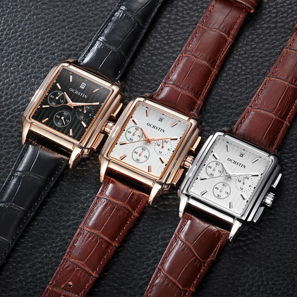 OCHSTIN , reloj cuadrado de cuarzo negro para hombre, reloj de negocios de de lujo, Reloj analógico con correa de cuero para hombre, reloj con cronógrafo
