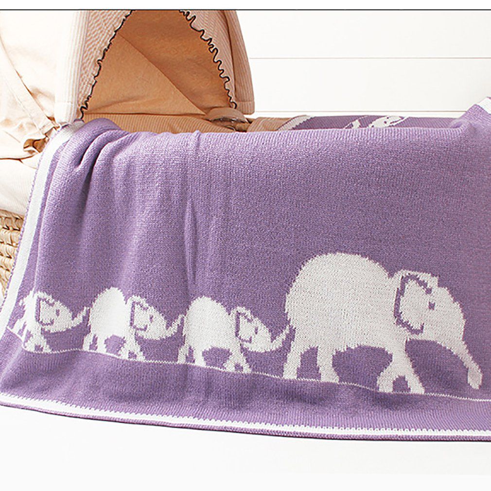 Tegneserie elefant trykt baby tæppe strikket nyfødt swaddle wrap tæpper super blødt barn spædbarn sengetøj dynetæpper: Lilla