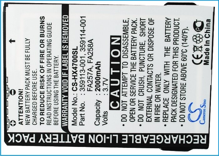 Cameron Sino 2000mAh Battery for HP iPAQ HX4700,HX4705,HX4715,HX4800,290483-B21, 359498-001