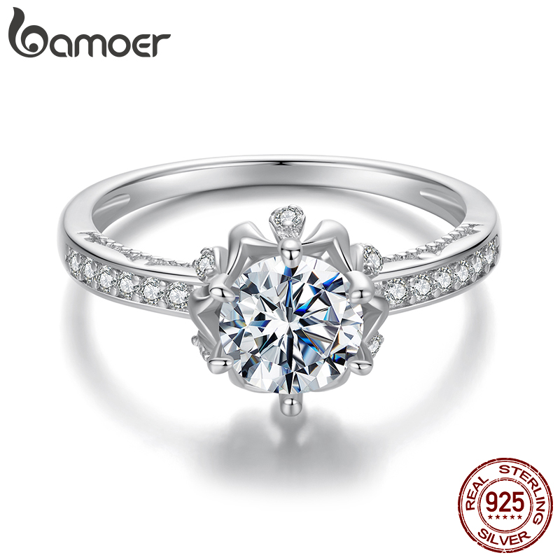 BAMOER 925 Sterling Silver Stone Ring With CZ – Women's Flower Design Wedding Jewelry, Size 8