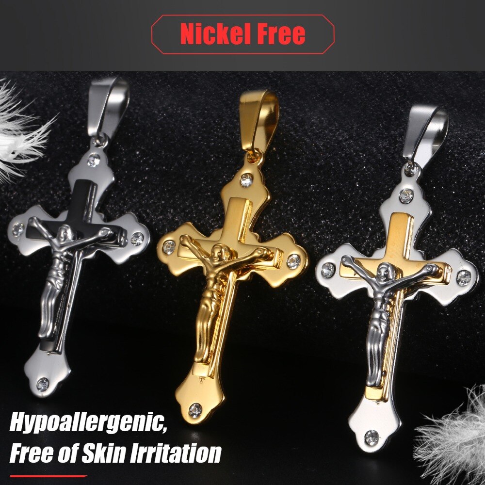 Trendsmax Men's Jesus Cross Pendant Stainless Steel Charms Gold Silver Color Male Jewelry KPP3