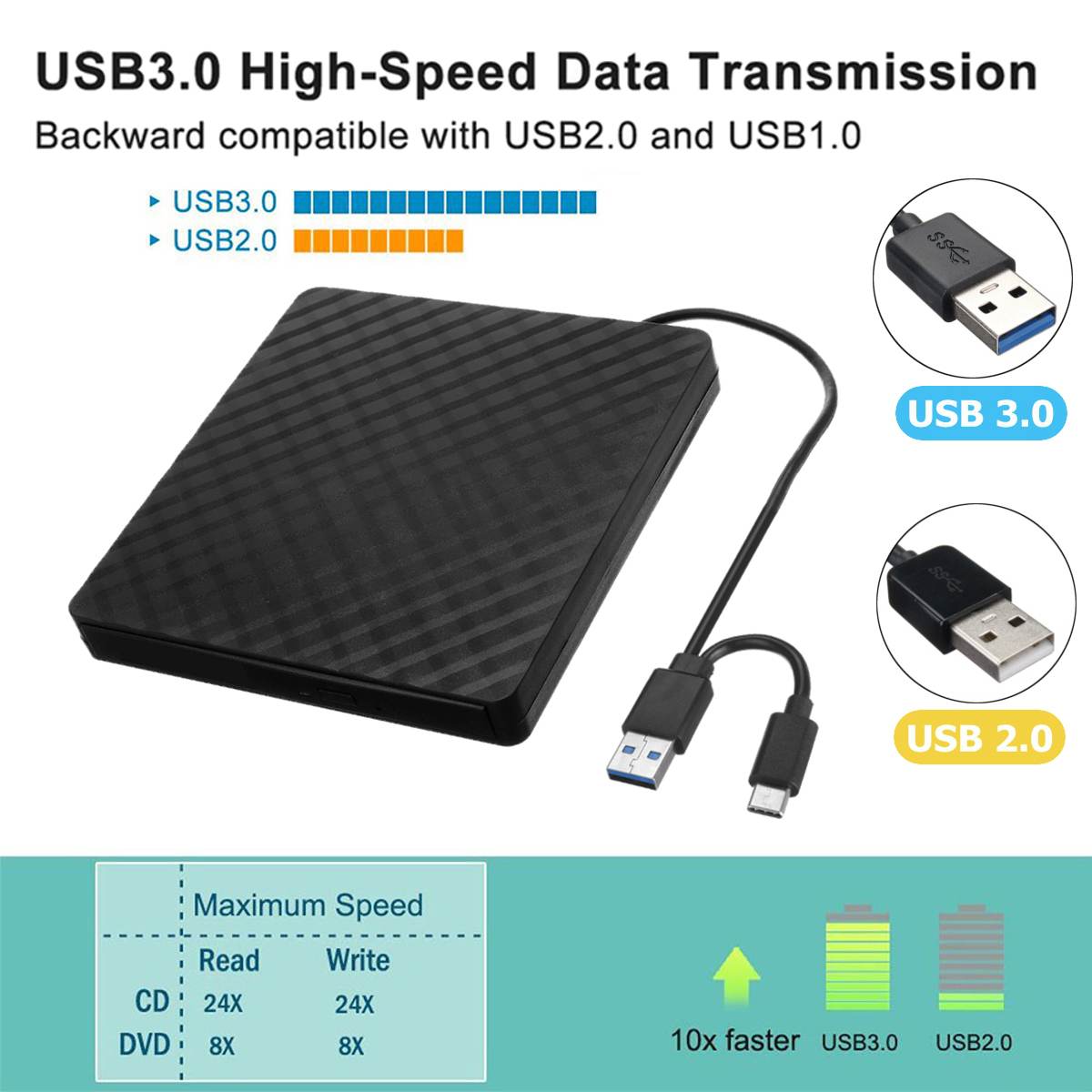 Grabador de DVD externo USB 3,0 tipo C, grabador de DVD RW, Unidad óptica CD/DVD ROM, reproductor MACs OS Windows XP/7/8/10