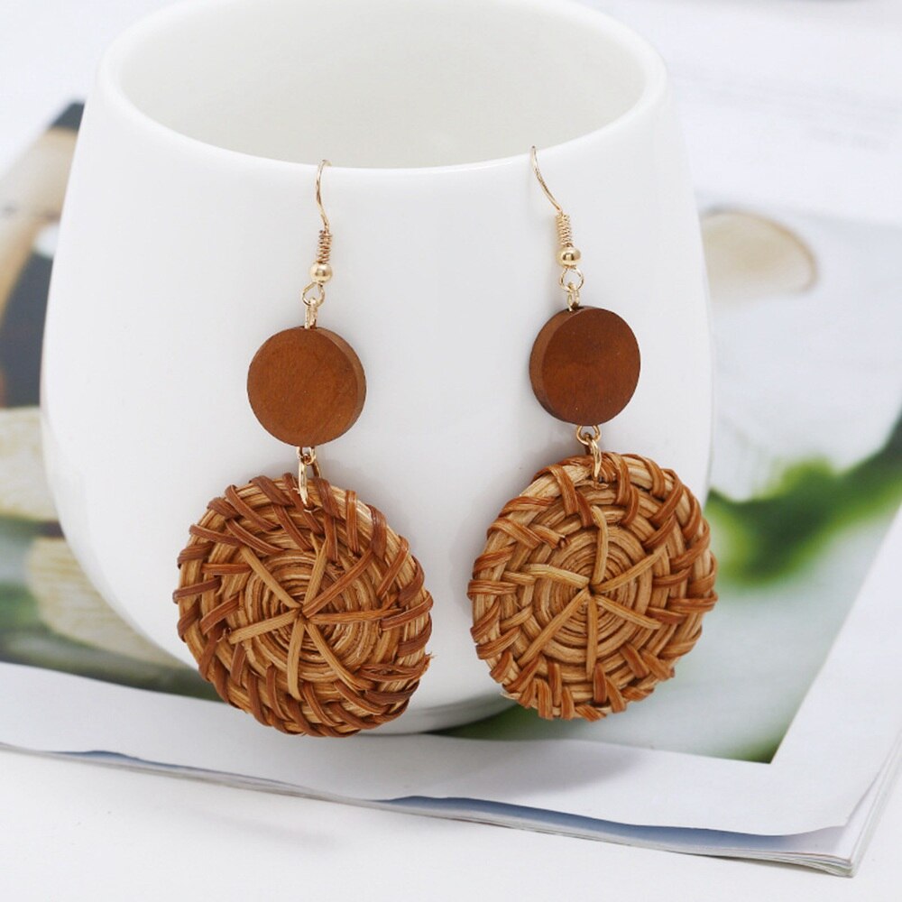 Korean Handmade Bamboo Handmade Earrings, Rattan Vine Knitted Earrings For Wicker Straw Weave Earrings For Women