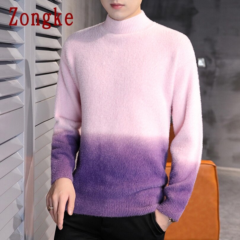 Zongke gradient färg turtleneck herr pullover turtle neck herrkläder ull herrtröja stickad m -3xl höst: Rosa röd / Xl