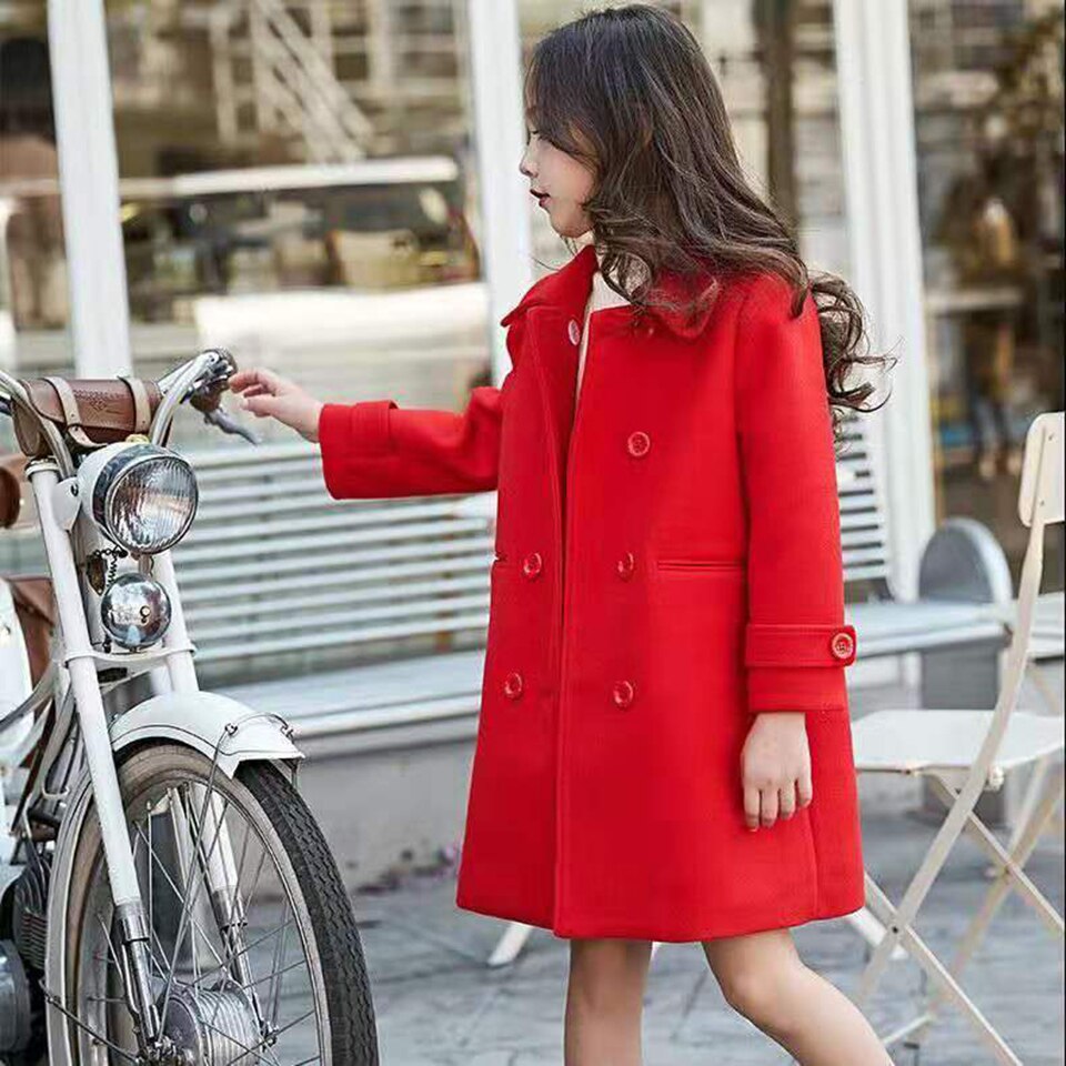 Red Color Clothes 6-13 Yrs Girls Autumn Winter Thicken Girl Coat Children Clothes Warm Girl Woollen Jackets Outwear