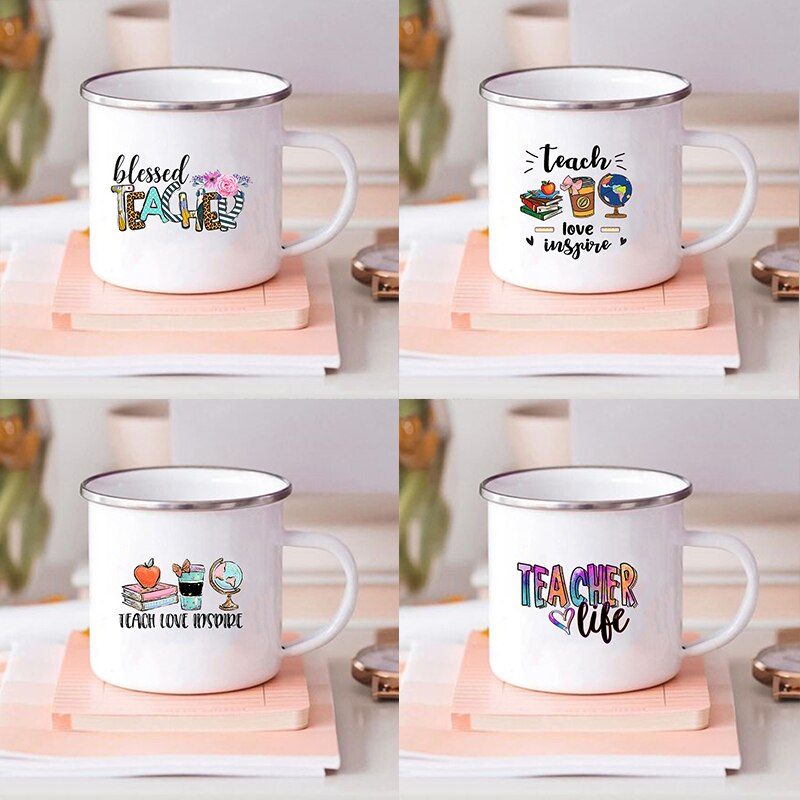 Teacher Love Inspire-Tazas de esmalte estampadas, vaso de vidrio para café, té, bebidas, leche, tazas escolares con asa, para profesores