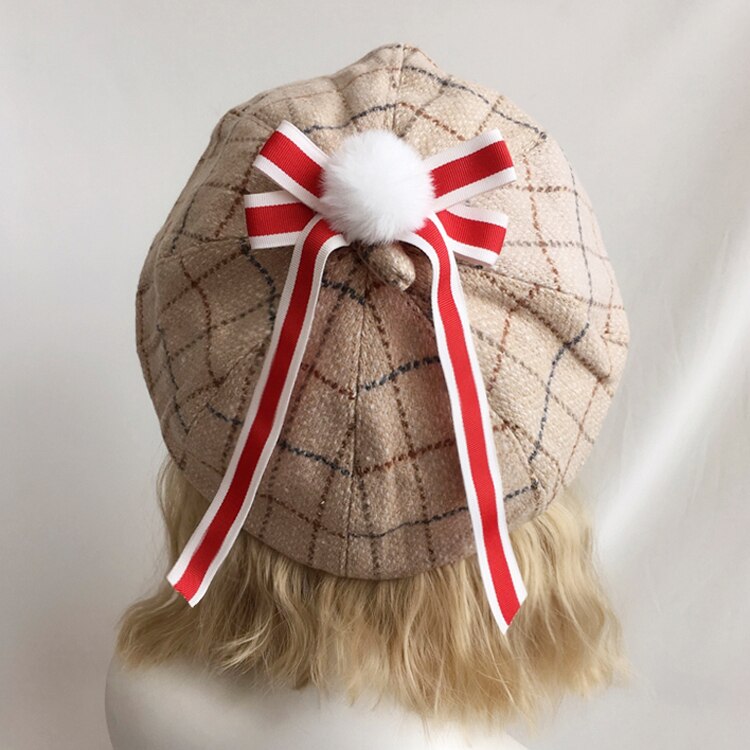 Japansk søt nydelig ull rutete åttekantet kuppel lue retro lolita beret søt høst vinter myk jente gresskar cap maler lue: 04