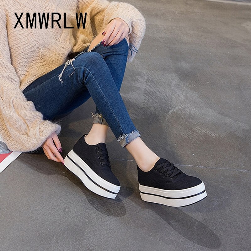 Chunky sneakers dam vår sommar andas canvas skor dam sneakers högklackat kvinna platåskor kvinnlig sko