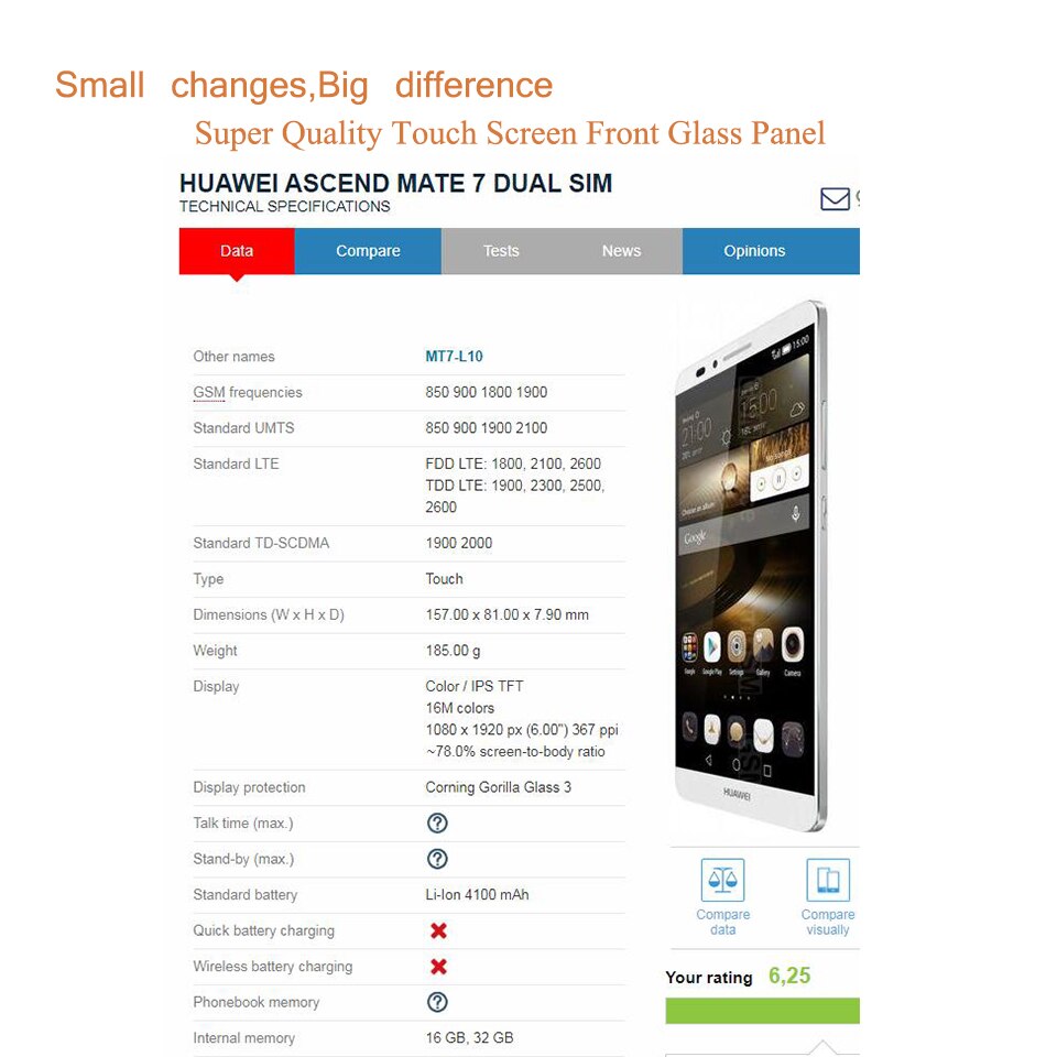 6.0 "para huawei ascend companheiro 7 sensor do painel de toque da tela toque digitador vidro frontal exterior nenhum lcd substituição MT7-L09 MT7-L10