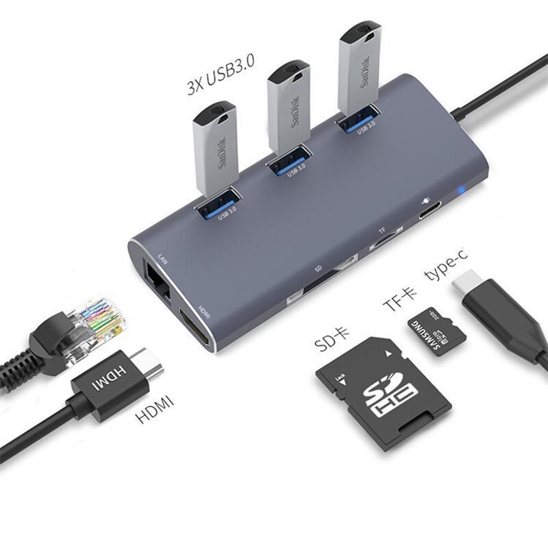 USB-C Hub for MacBook/Samsung Galaxy - HDMI 4K, RJ45, Thunderbolt 3, USB 3.0, Card Reader, PD: USB C 8IN1 Gray 07