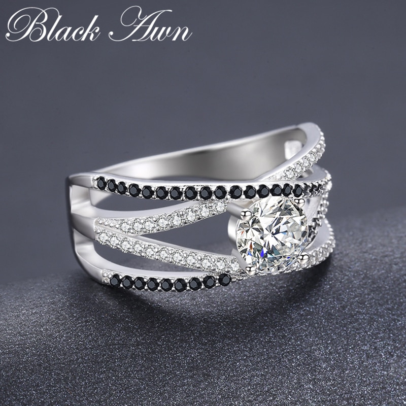 [Noir AWN] 925 bagues en argent Sterling pour les femmes Bague de fiançailles creuse Bijoux Bague Bijoux en argent Sterling C012