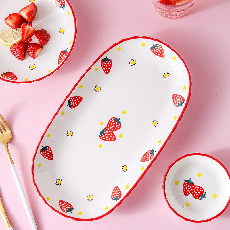 Ceramic Plate Cutlery Strawberry Sun Flower Cartoon Pattern Home Cute Steak Western Food Main Dish Taste Dish Kitchen Tool