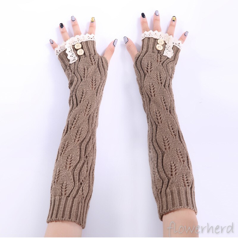 Herfst Winter Mode Handschoen Jaar Kant Knop Gebreide Garen Warm Houden Vingerloze Half Vinger Lady Vrouwen Arm Lange handschoenen