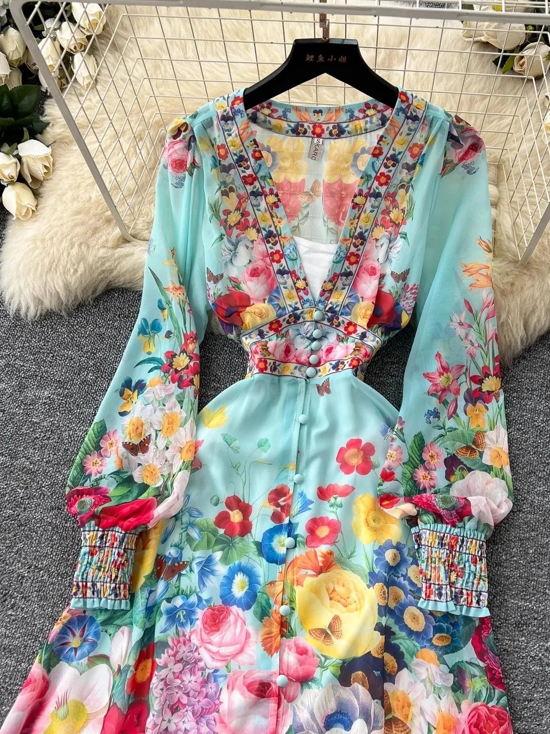Summer Gorgeous Floral Dress Women's Long Sleeve Ruffles V Neck Flower Print Buttons Chiffon Bohemain Robe Vestidos