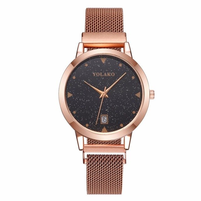 Vrouwen Magneet Gesp Sterrenhemel Horloge Met Kalender Luxe Dames Rvs Quartz Horloge Top Relogio Feminino: Rose Gold