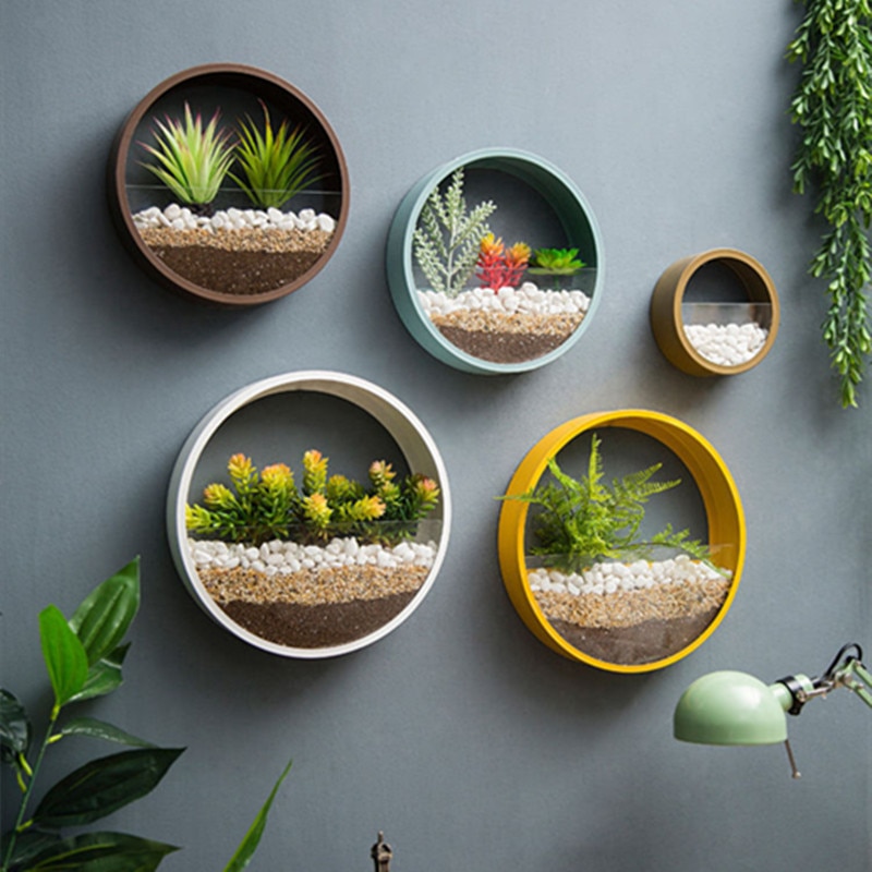 Moderne rund jern kunst glas væg vase med led lys indretning væg plantekasser hjem stue hængende urtepotte sukkulent plante potte