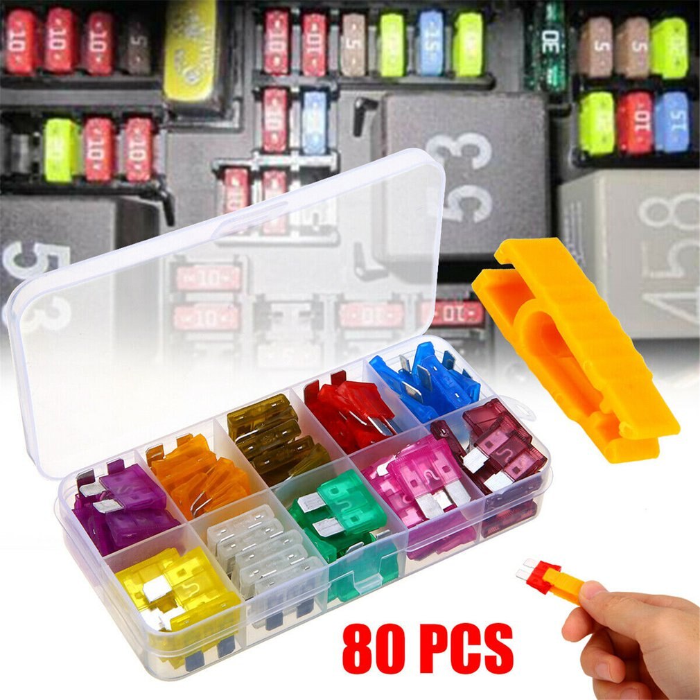 80pcs 12V Standard Blade Car Fuses Fuse 3A-40A Assorted Set + 1pc Puller Kit Auto Medium Blade Fuses Kit