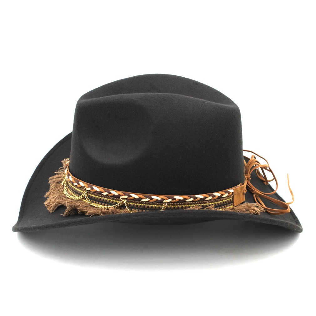 Mistdawn-sombrero vaquero occidental para mujer, gorra de disfraz de vaquera, visera ancha de lana, banda trenzada, talla 56-58cm, BBG