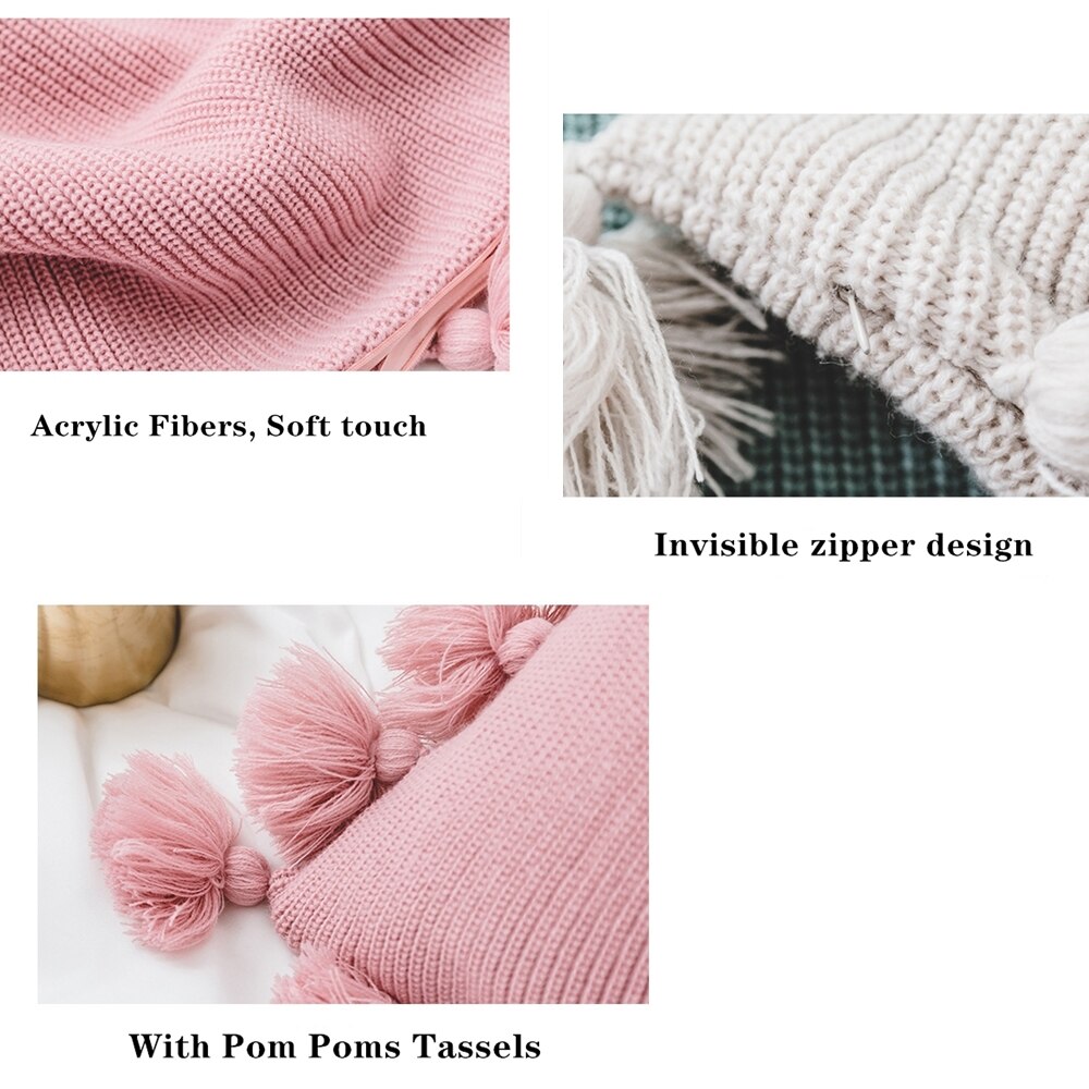 Neulottu boho -tyynynpäällinen, jossa pom pomsi tupsut 18 x 18 tuumaa kudottu koristeellinen hapsutyynyn tyynyliina sohvan kodin sisustukseen