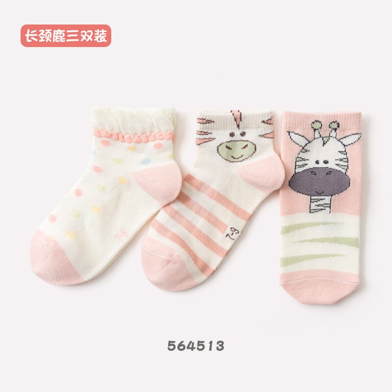 Caramella Mesh Kids Socks 3Pairs Cute Pink Baby Girls Hosiery Funny Girraffe Cartoon Baby Socks 0-12 years: XS(0-1year)