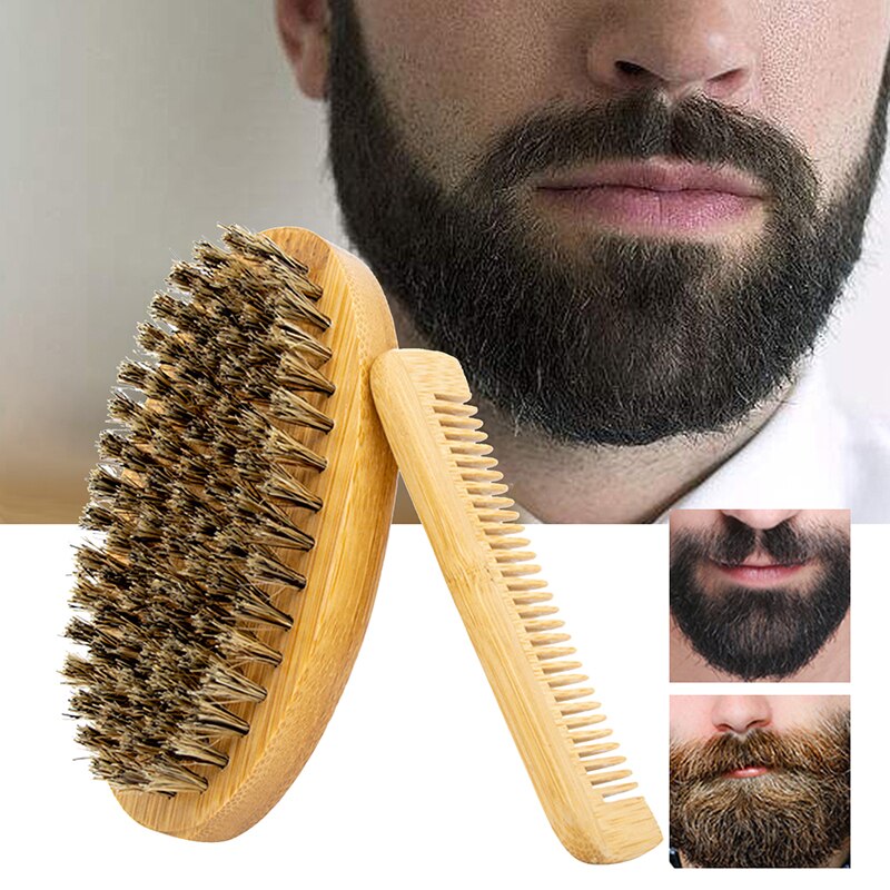 Wood Beard Brush Soft Boar Bristle Brush with Bamboo Wide Tooth Comb for Men Mustache Care Tool