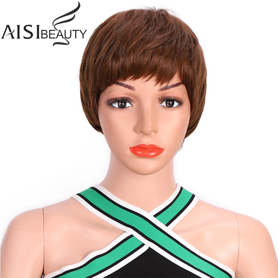 AISIBEAUTY krótka fryzura wróżka peruki z prostymi włosami dla czarnych kobiet bezklejowa maszyna wykonana peruka 4 kolory dostępne dla afroamerykanów